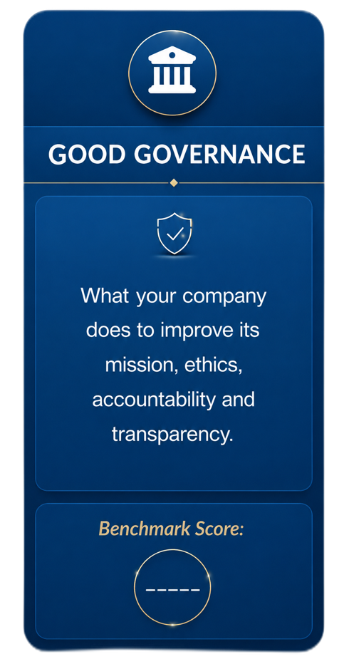 Blauw rechthoekig bord met witte tekst "GOED BESTUUR" bovenaan, een schildpictogram in het midden, en tekst over bedrijfsverbetering. Onderaan staat "Benchmark Score".